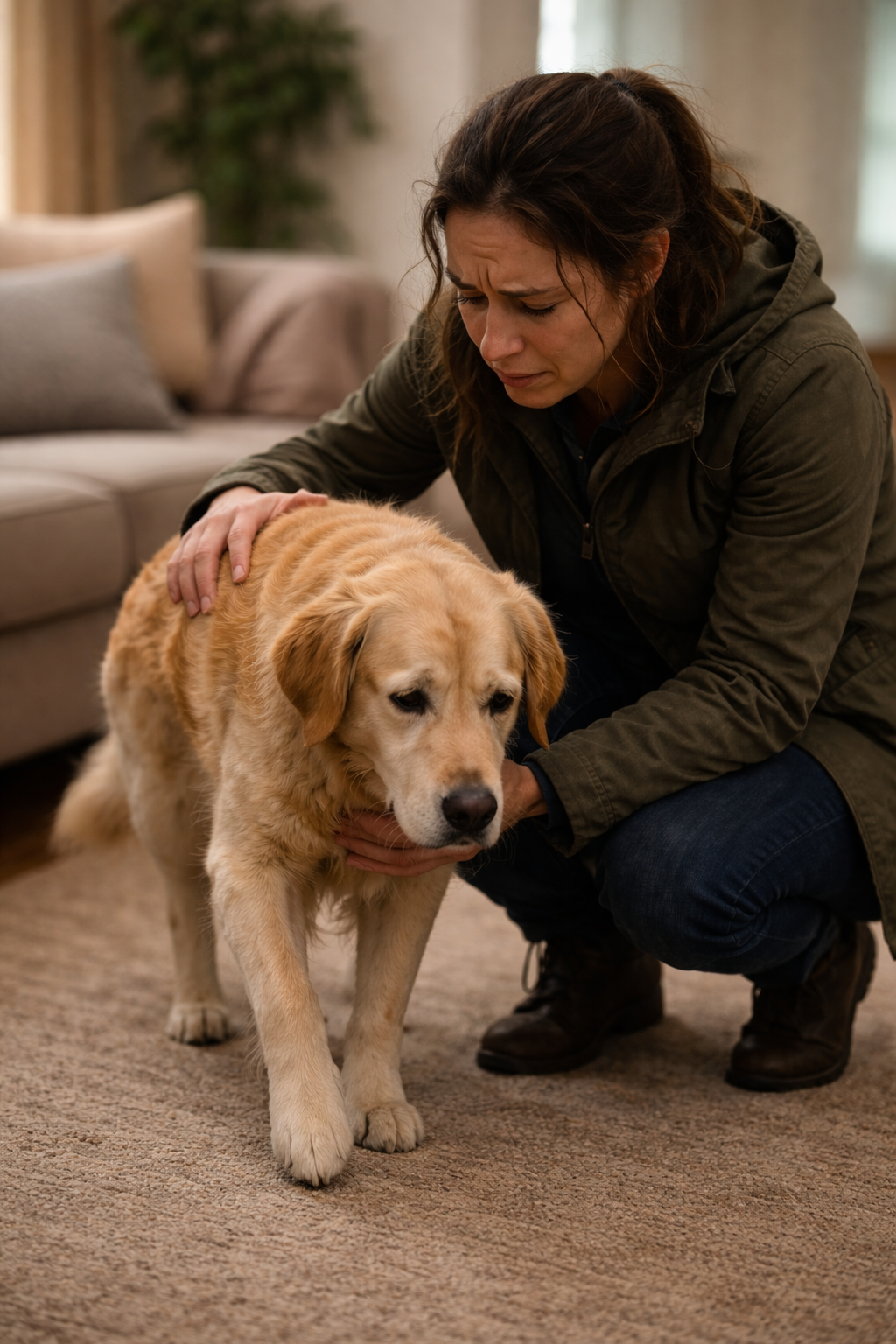 Concerned dog resting while being monitored for urgent symptoms
