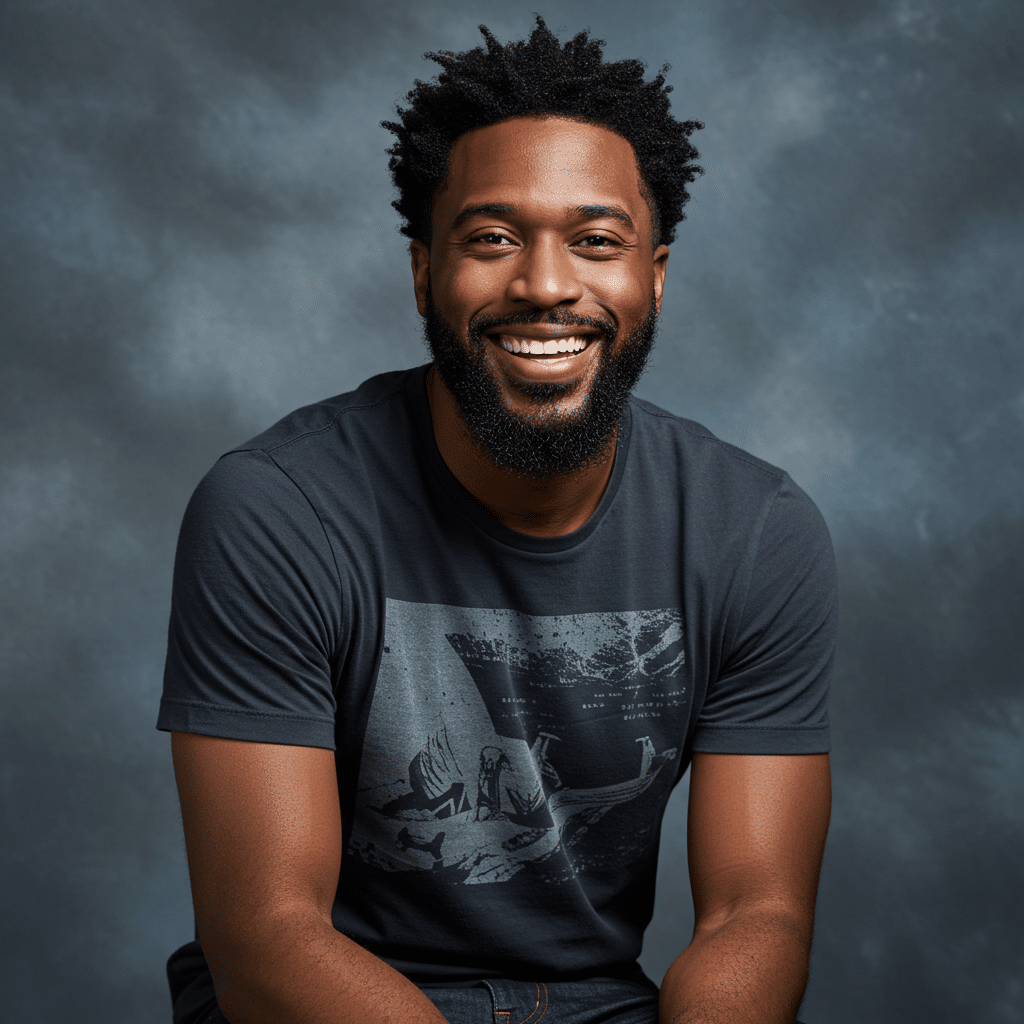 A smiling man with a beard and short curly hair sits against a dark, textured background, wearing a dark t-shirt with a graphic design and jeans.