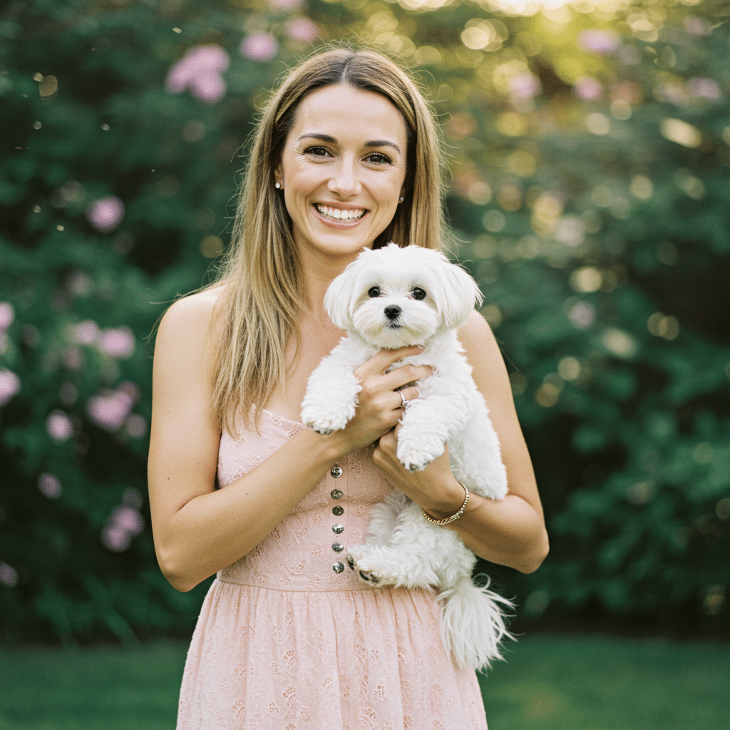 A smiling woman in a light pink dress stands outdoors, holding a small white fluffy dog. The background is filled with greenery and pink flowers, with sunlight filtering through the leaves.
