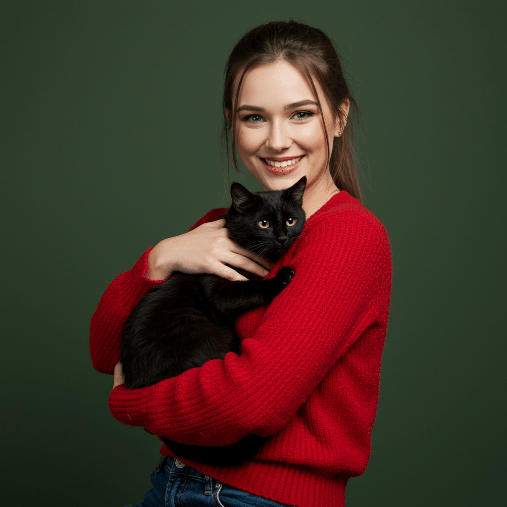 A smiling young woman in a red sweater holds a black cat against a dark green background.
