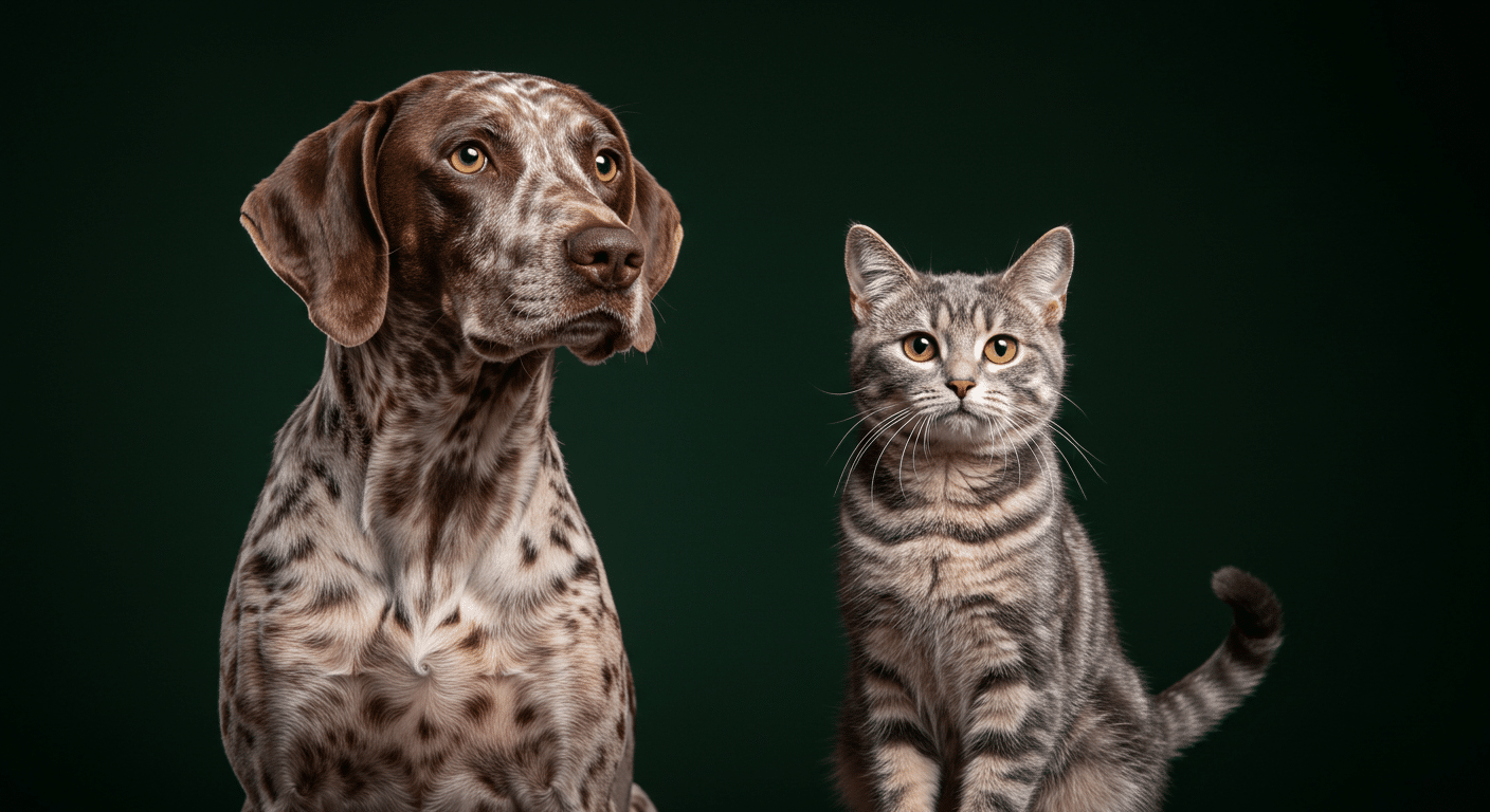 A brown and white spotted dog sits next to a gray tabby cat, both looking slightly to the left, against a dark green background.