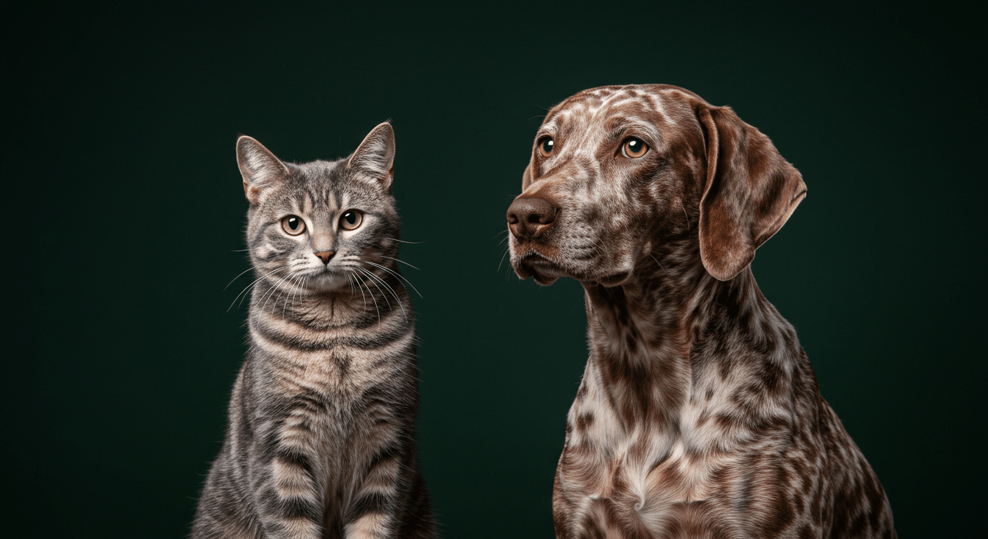 A gray tabby cat and a brown and white spotted dog sit side by side against a dark green background, both looking attentively forward—like they're waiting for their veterinary checkup.