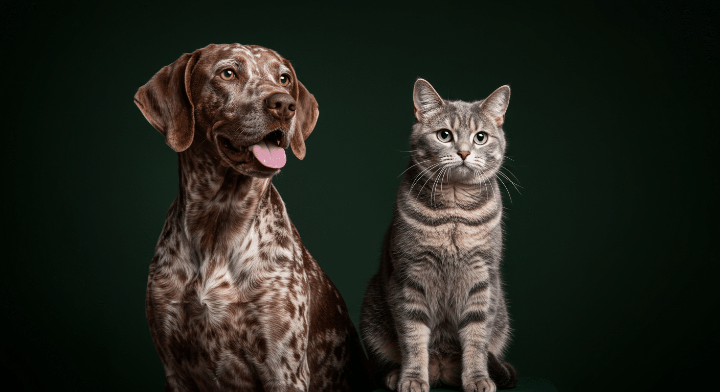 A brown and white spotted dog with its tongue out sits next to a gray tabby cat with green eyes. Both pets are looking forward against a dark green background.