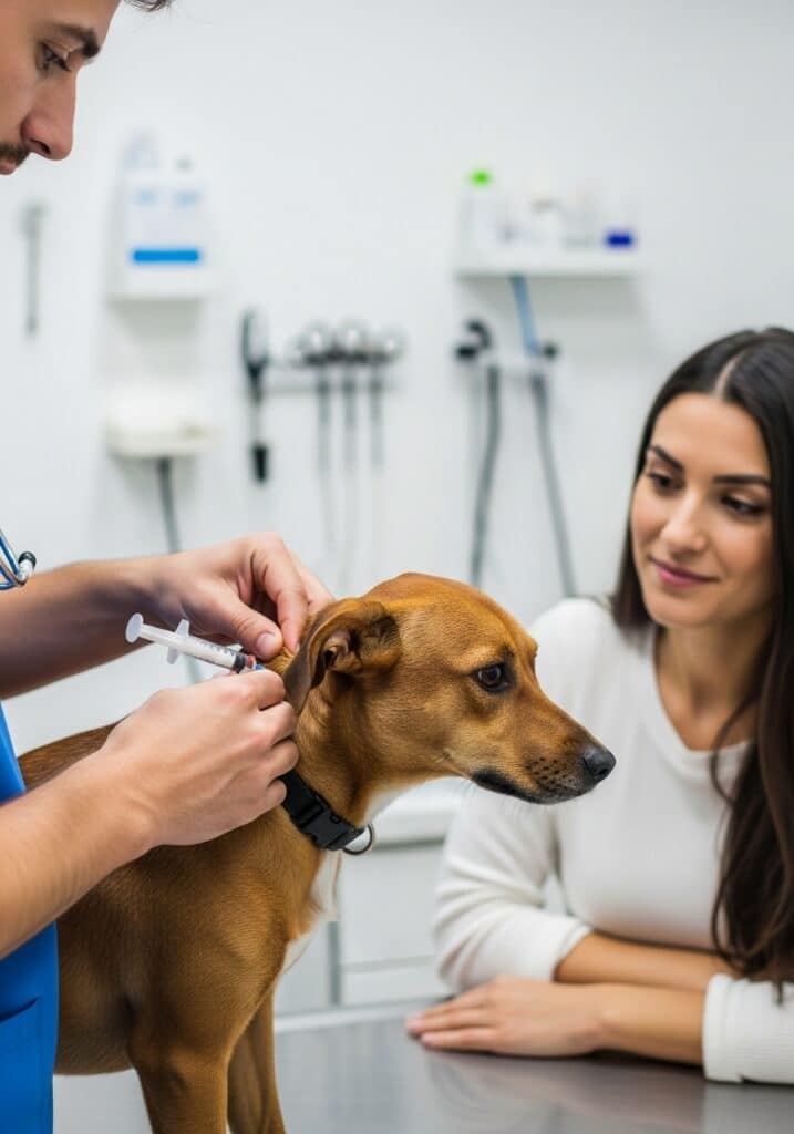 A veterinarian gives an injection to a brown dog wearing a black collar while a woman, possibly the dog's owner, watches attentively in a veterinary clinic exam room.