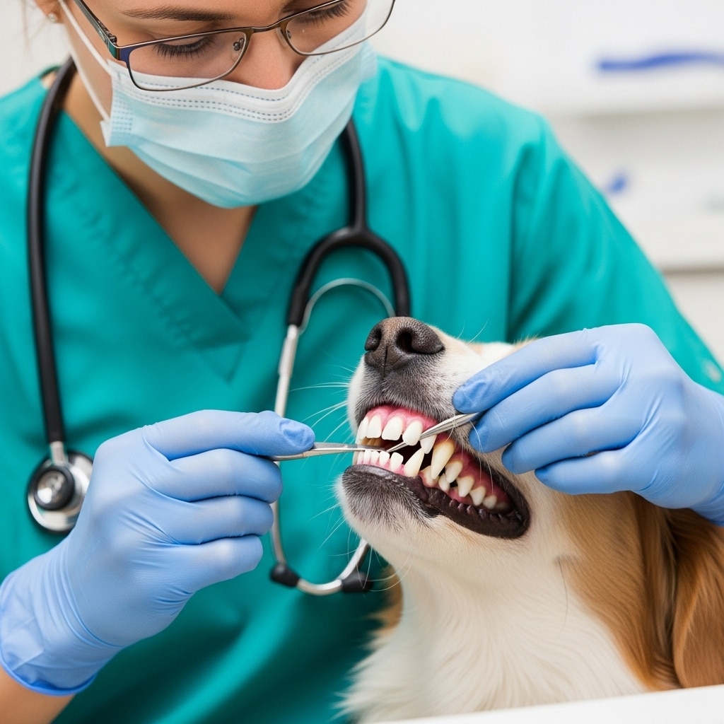 A veterinarian in scrubs, wearing a mask and gloves, uses dental floss to clean a dog's teeth during a dental check-up at a veterinary clinic.