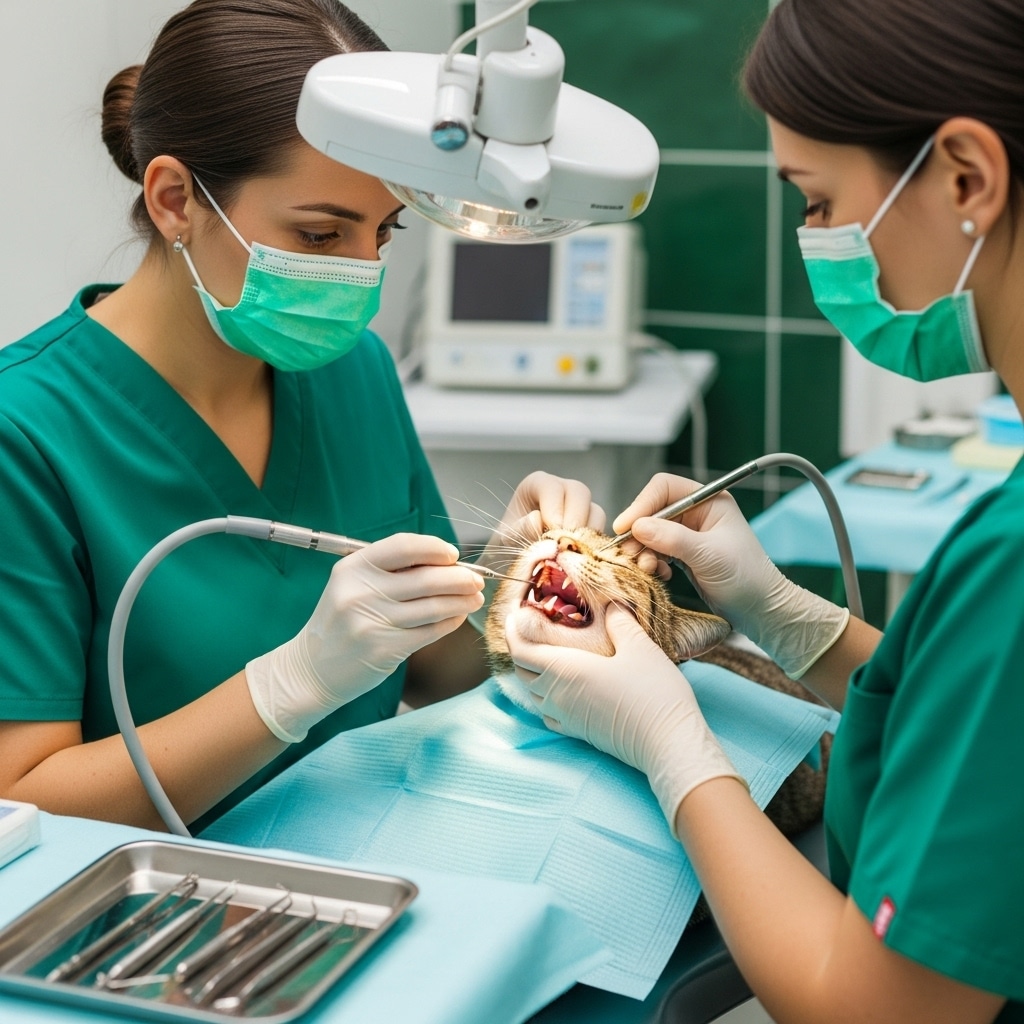 Two veterinarians in green scrubs and masks perform a dental procedure on a cat lying on an exam table, using dental tools under a bright examination light in a veterinary clinic.